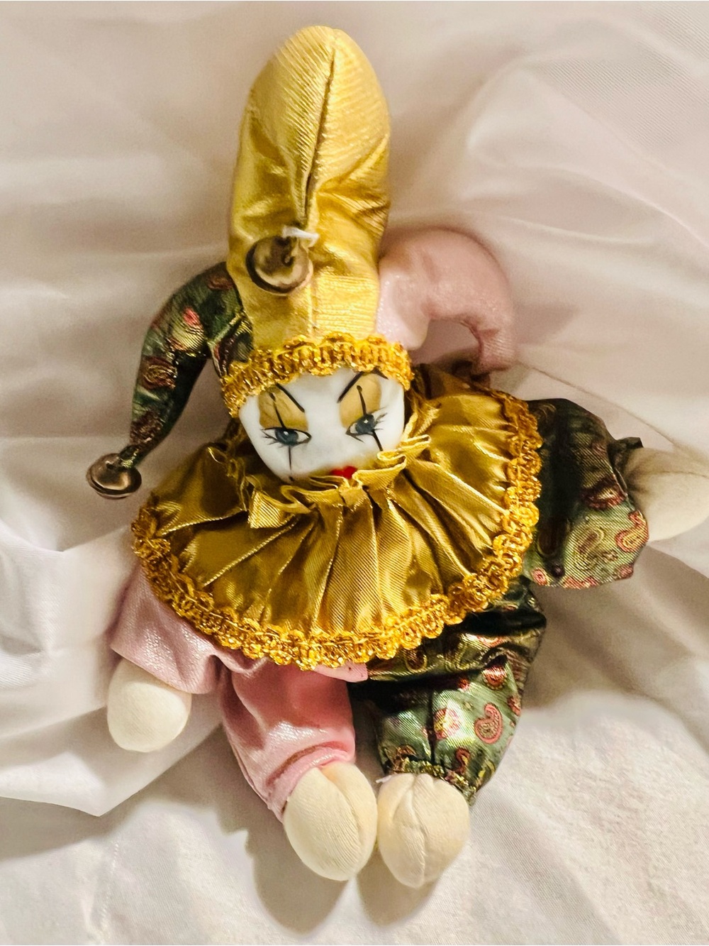 Vintage Gold & Pink Jester Porcelain head Clown Doll Shelf Sitter